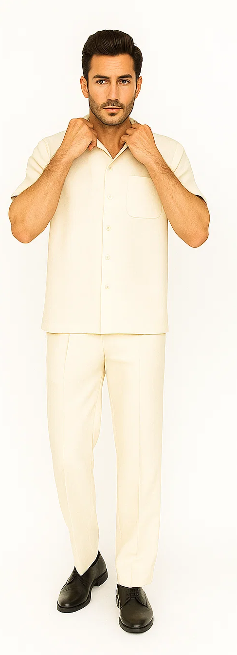 Mens Walking Suit in Color cream leisure suit casual Matching Shirt and Pants $99 - S/30