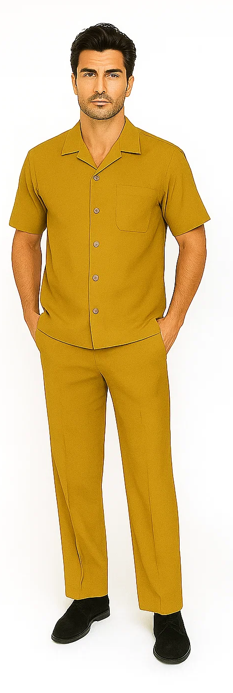 Mens Walking Suit in Color mustard leisure suit casual Matching Shirt and Pants $99 - S/30