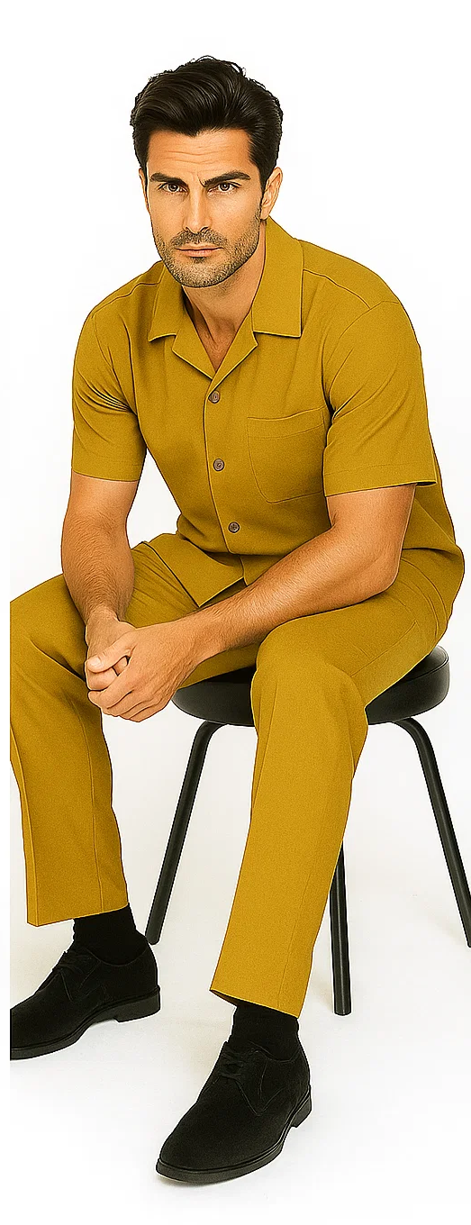 Mens Walking Suit in Color mustard leisure suit casual Matching Shirt and Pants $99 - S/30