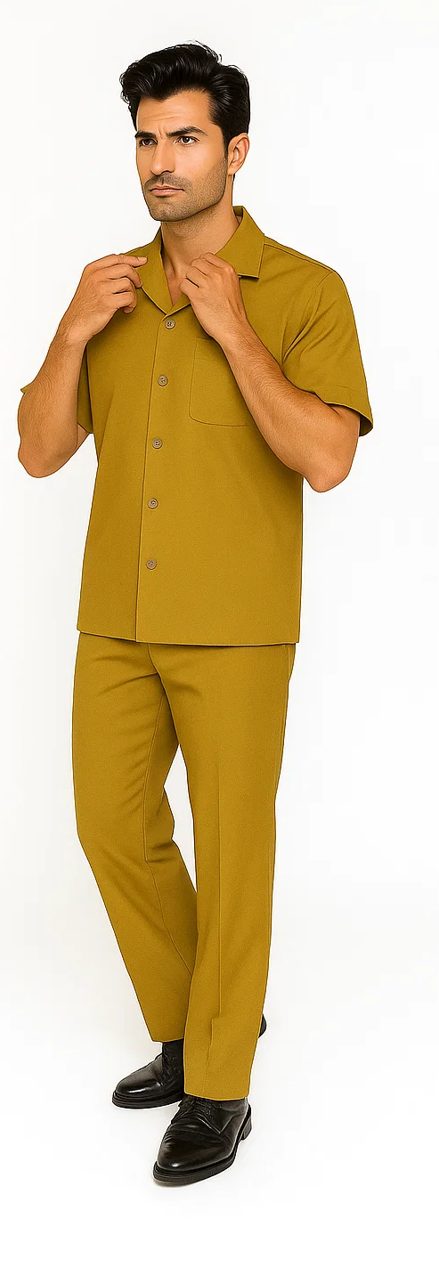Mens Walking Suit in Color mustard leisure suit casual Matching Shirt and Pants $99 - S/30