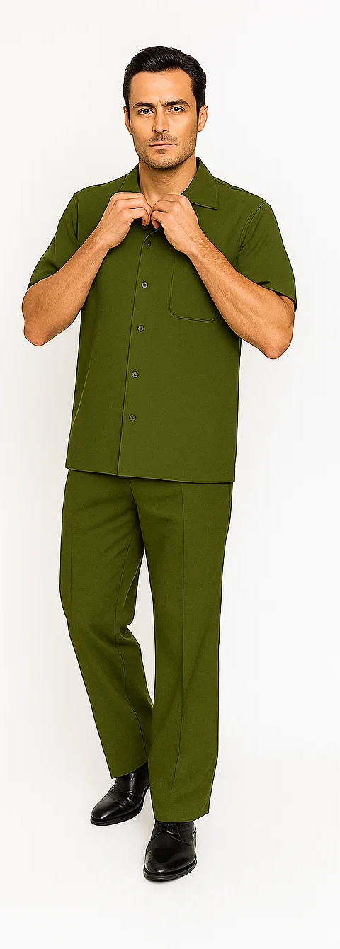Mens Walking Suit in Color olive leisure suit casual Matching Shirt and Pants $99 - S/30
