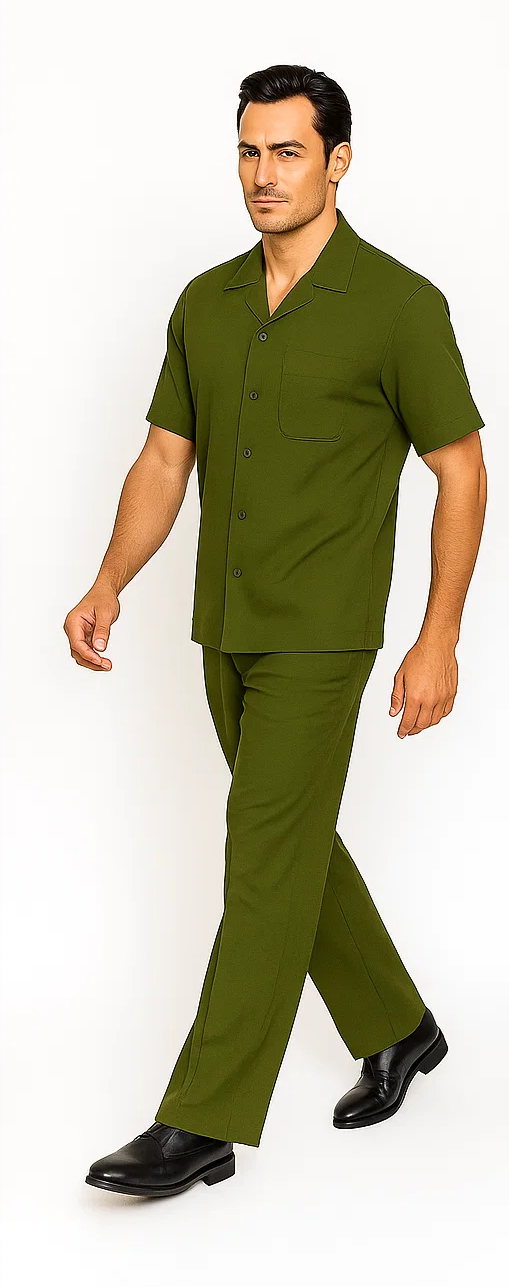 Mens Walking Suit in Color olive leisure suit casual Matching Shirt and Pants $99 - S/30