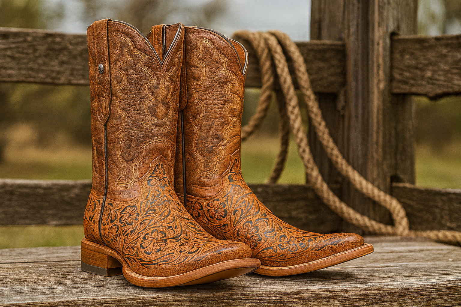 Hand Tooled Cowboy Boots Print - Cognac