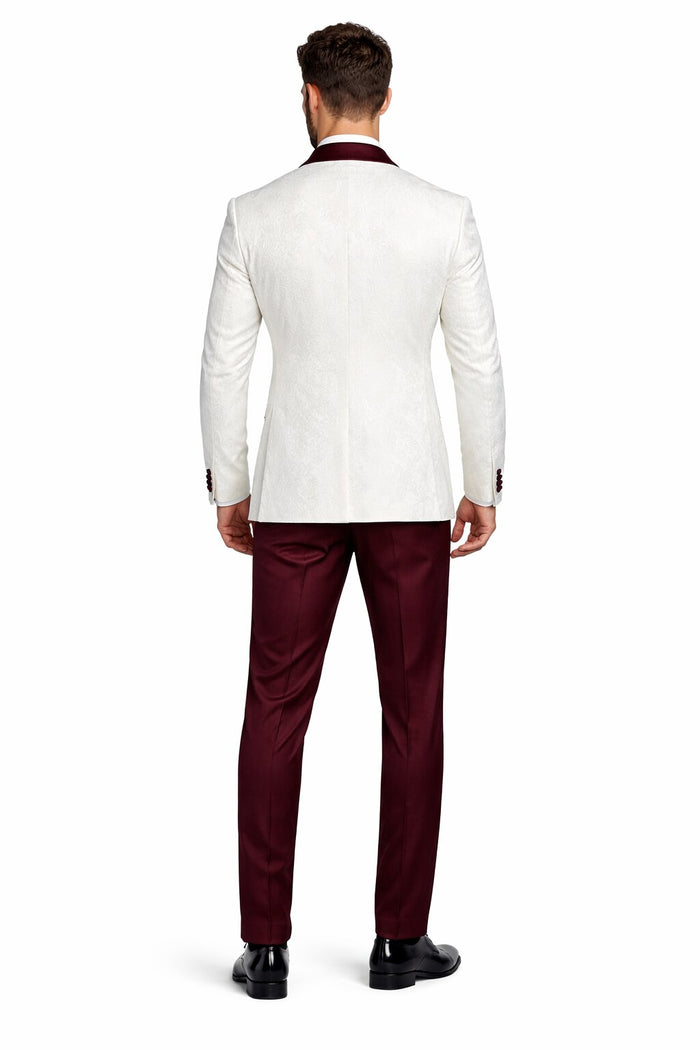 Men's Designer Vested Contrast Peak Lapel Wool Wedding & Prom Tuxedo in White Paisley & Burgundy