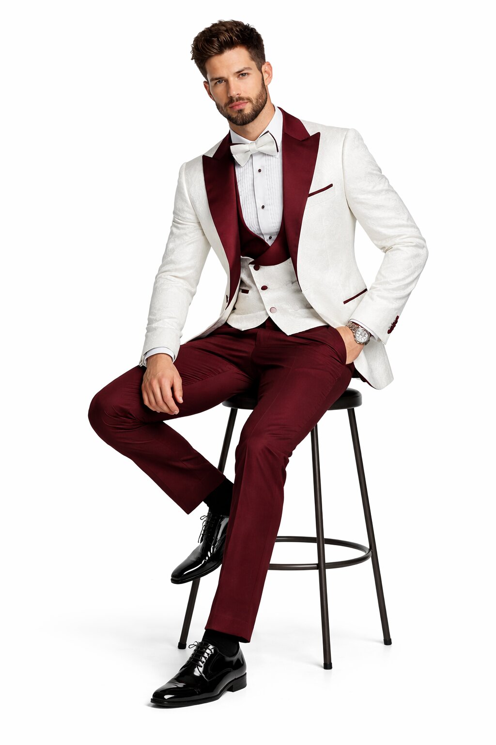 Men's Designer Vested Contrast Peak Lapel Wool Wedding & Prom Tuxedo in White Paisley & Burgundy