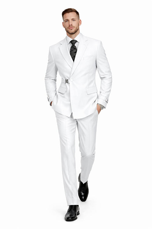 Mens White Double Breasted Wool Suit with Designer Tailored Formal Set Metal Buckle Closure