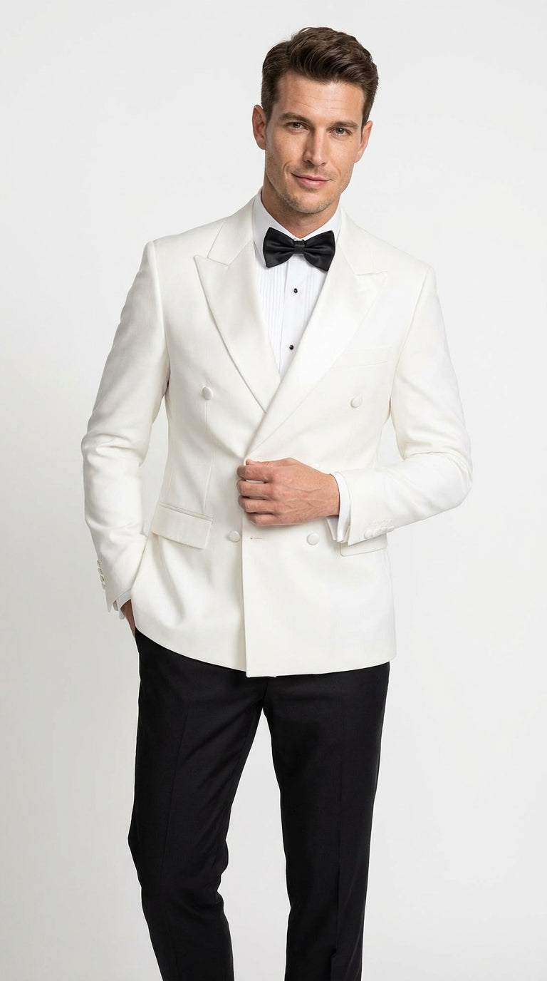 Men's White Double Breasted Dinner Jacket – Peak Lapel Tuxedo Blazer for Weddings, Black Tie & Formal Events - 36 Short