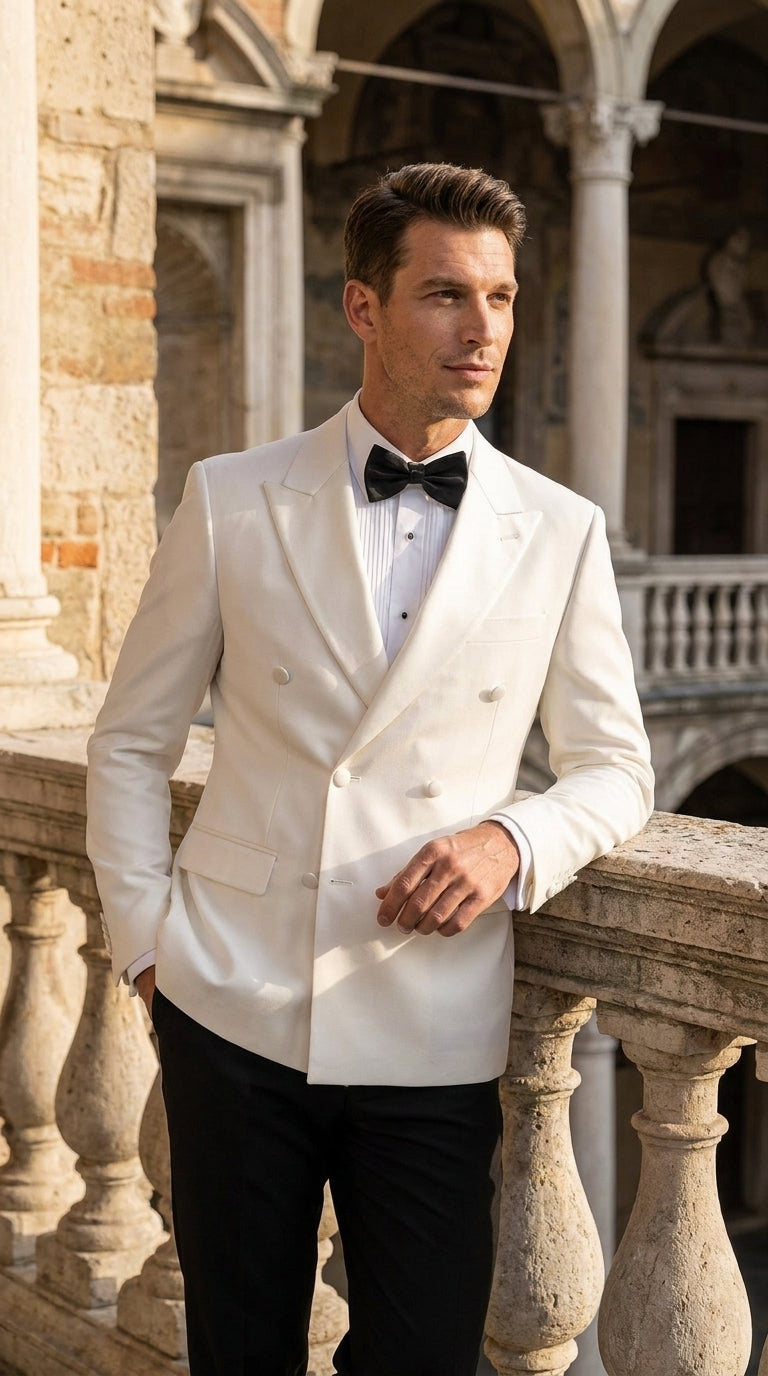 Men's White Double Breasted Dinner Jacket – Peak Lapel Tuxedo Blazer for Weddings, Black Tie & Formal Events - 36 Short