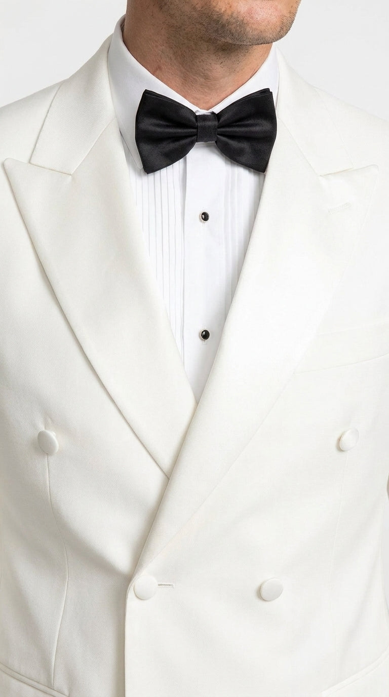 Men's White Double Breasted Dinner Jacket – Peak Lapel Tuxedo Blazer for Weddings, Black Tie & Formal Events - 36 Short
