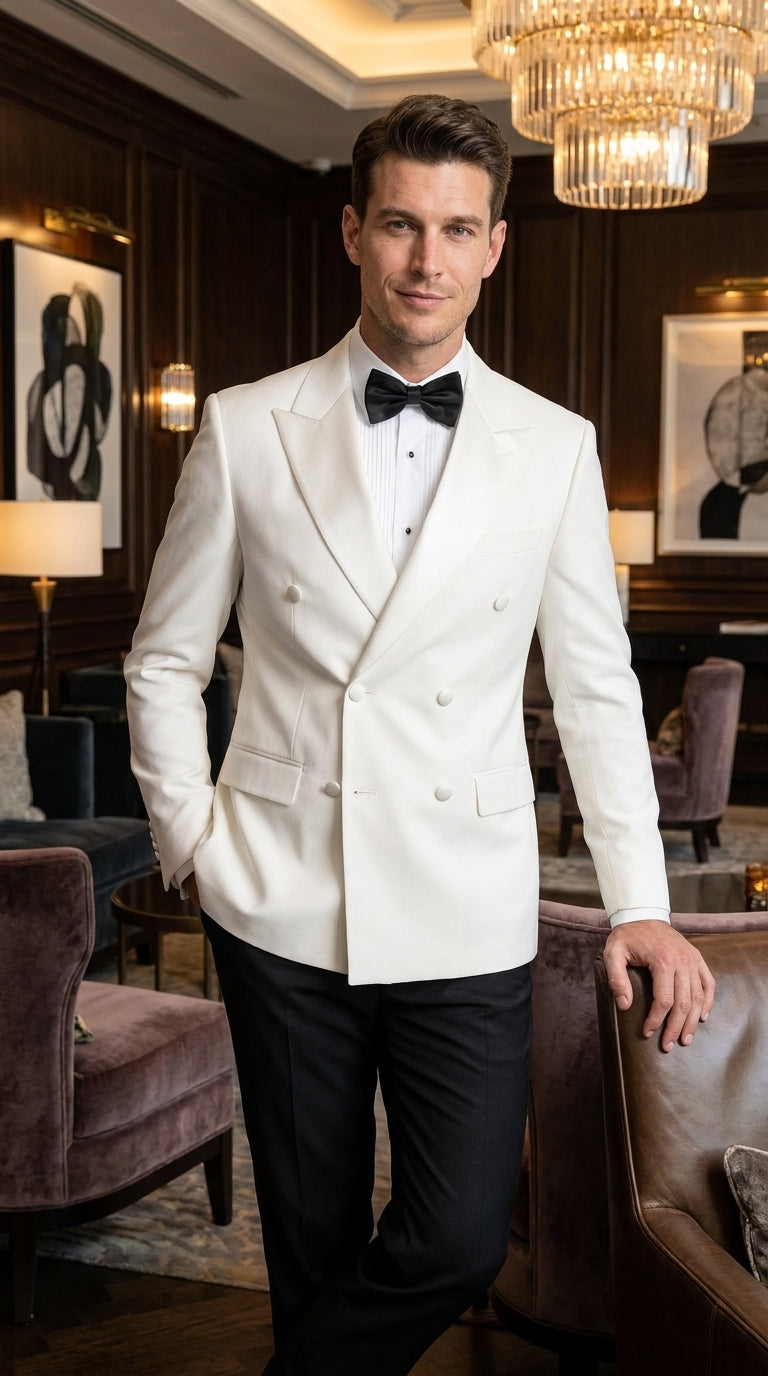 Men's White Double Breasted Dinner Jacket – Peak Lapel Tuxedo Blazer for Weddings, Black Tie & Formal Events - 36 Short