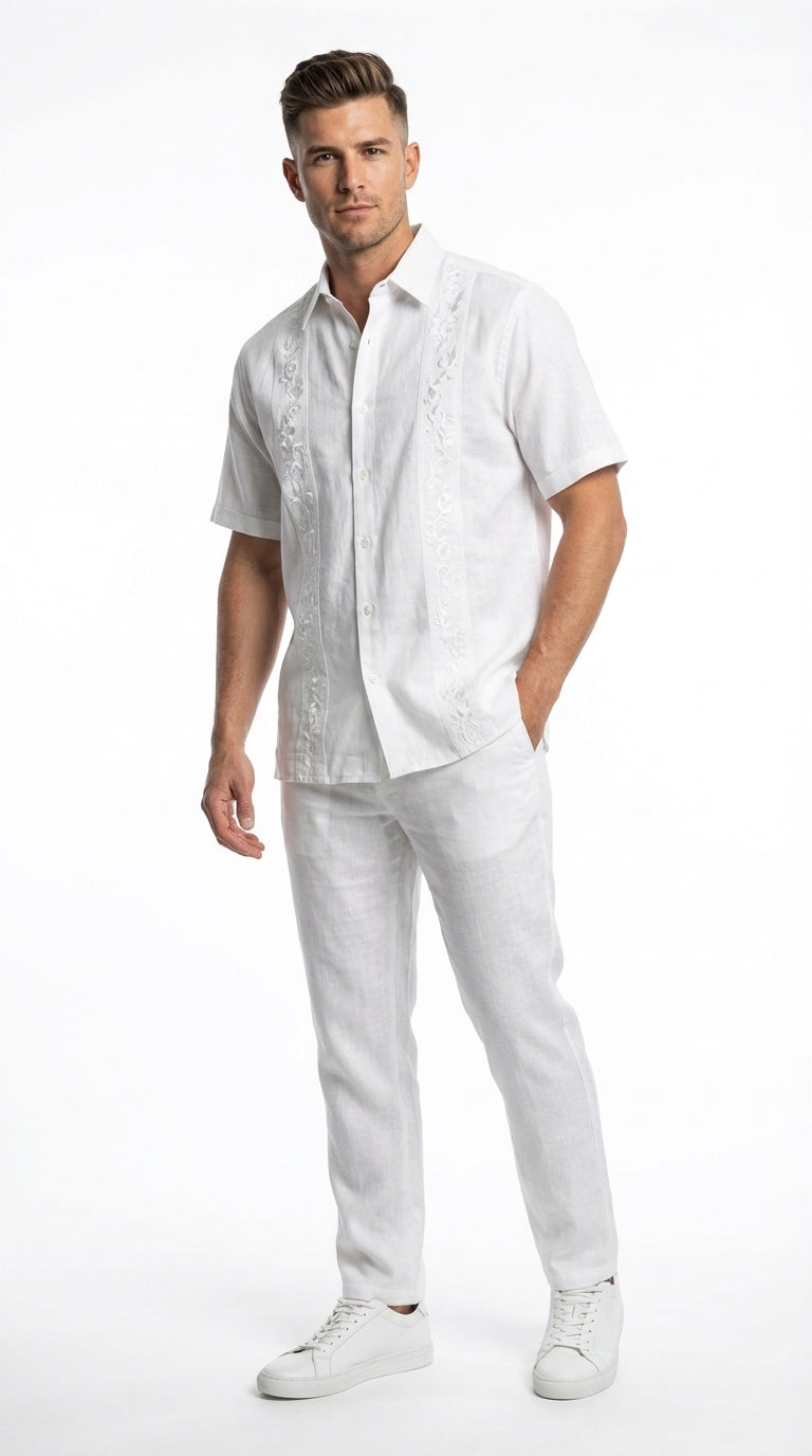 Mens White Embroidered Walking Suit Set – Short Sleeve Shirt and Pants Casual Summer Outfit for Vacation, Beach and Everyday Wear - S