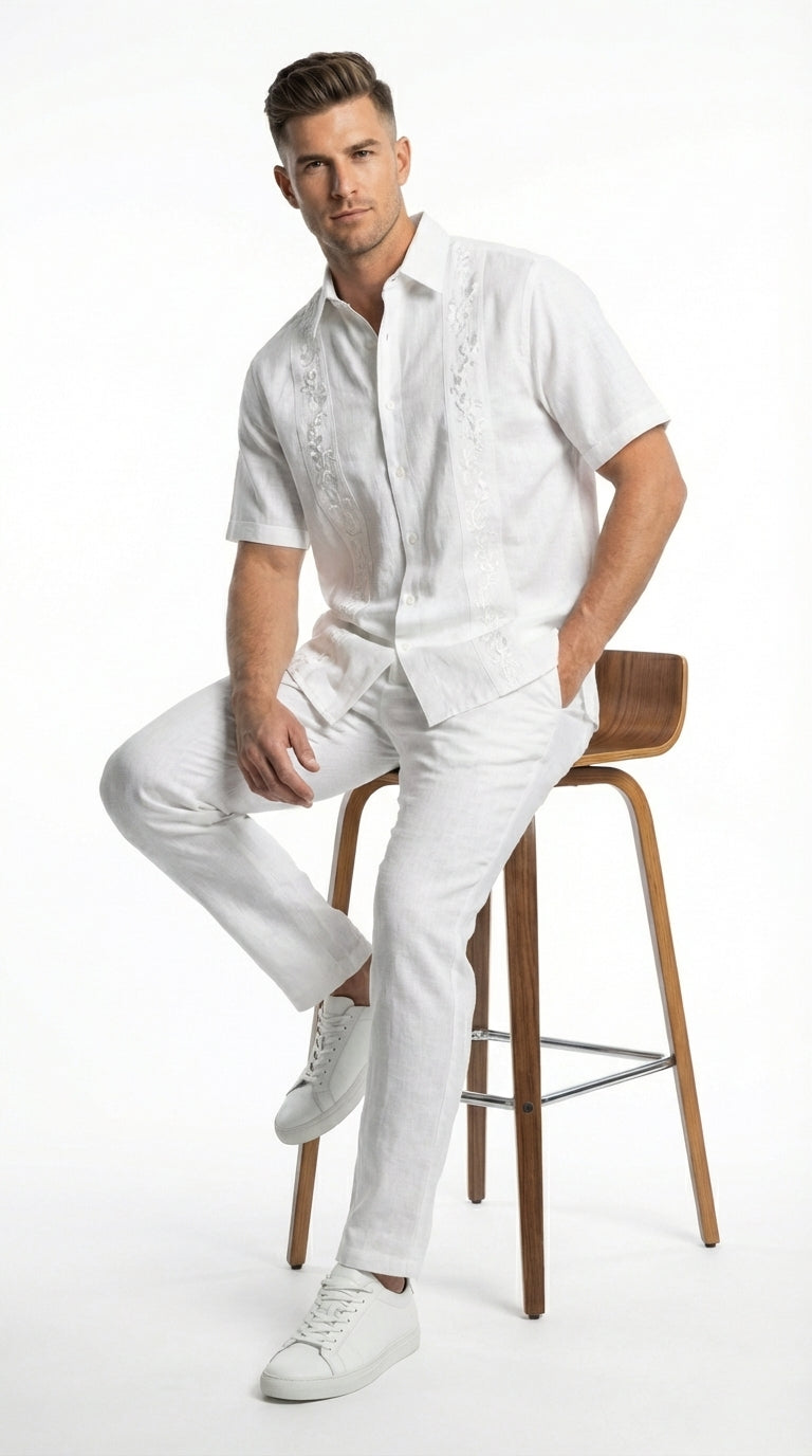 Mens White Embroidered Walking Suit Set – Short Sleeve Shirt and Pants Casual Summer Outfit for Vacation, Beach and Everyday Wear - S