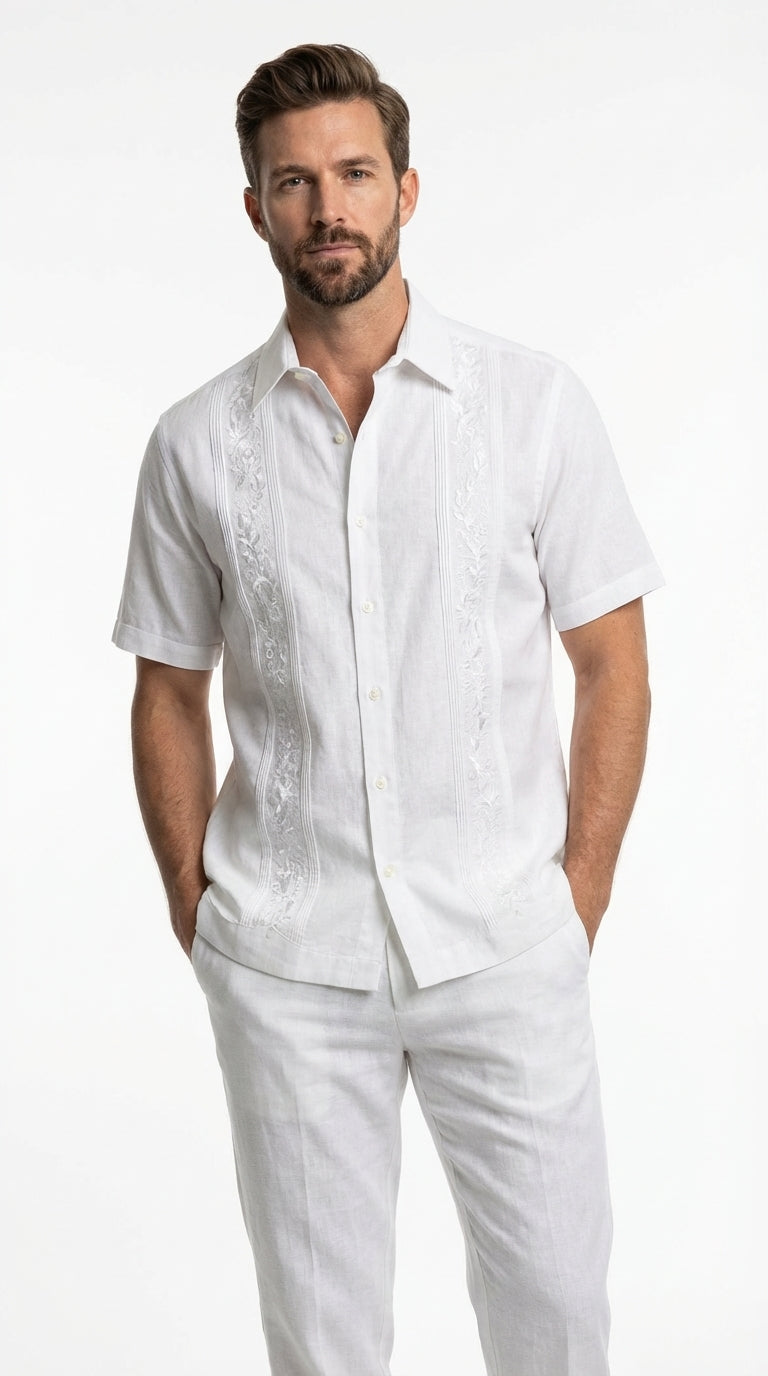 Mens White Embroidered Walking Suit Set – Short Sleeve Shirt and Pants Casual Summer Outfit for Vacation, Beach and Everyday Wear - S