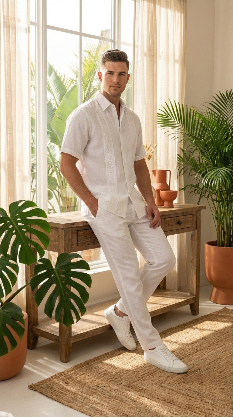 Mens White Embroidered Walking Suit Set – Short Sleeve Shirt and Pants Casual Summer Outfit for Vacation, Beach and Everyday Wear - S