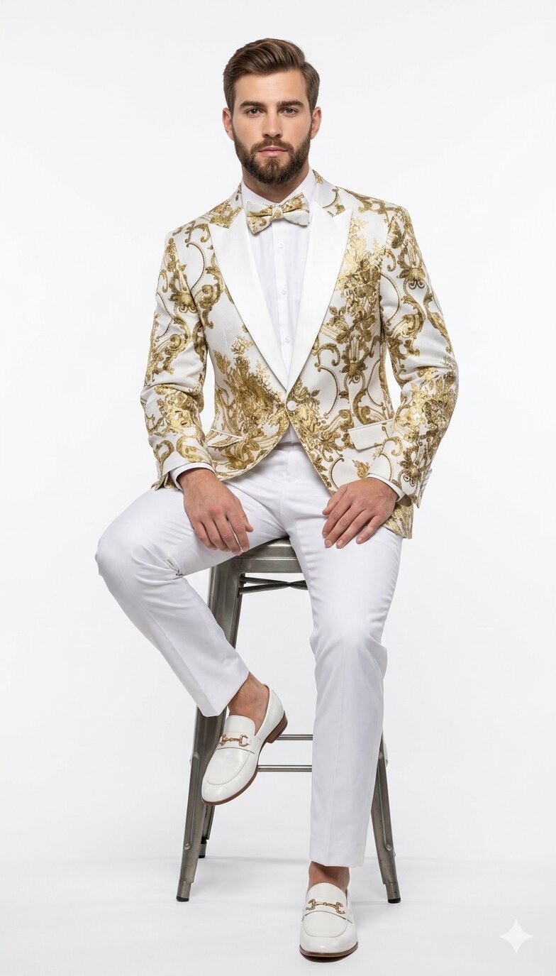 Mens White and Gold Floral Tuxedo Jacket with Satin Lapel Luxury Prom, Wedding, and Formal Dinner Blazer