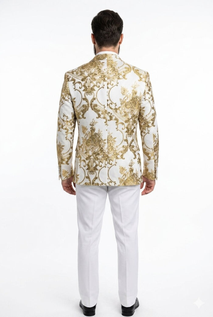 Mens White and Gold Floral Tuxedo Jacket with Satin Lapel Luxury Prom, Wedding, and Formal Dinner Blazer