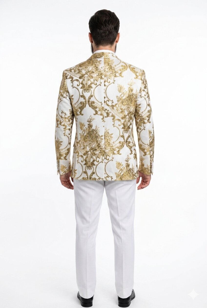 Mens White and Gold Floral Tuxedo Jacket with Satin Lapel Luxury Prom, Wedding, and Formal Dinner Blazer