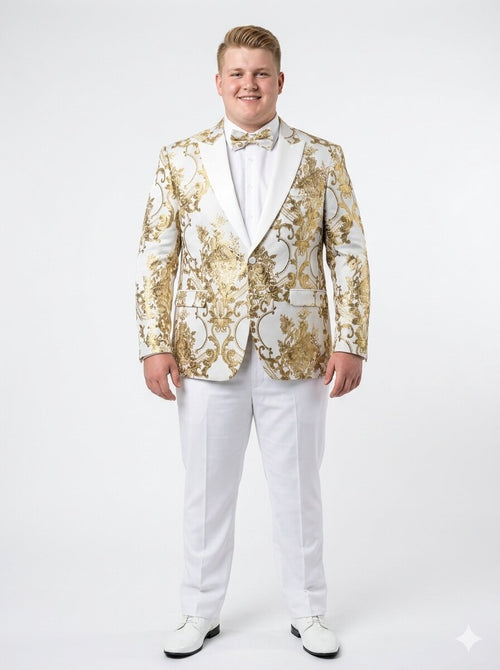 Mens White and Gold Floral Tuxedo Jacket with Satin Lapel Luxury Prom, Wedding, and Formal Dinner Blazer