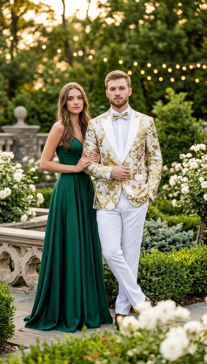 Mens White and Gold Floral Tuxedo Jacket with Satin Lapel Luxury Prom, Wedding, and Formal Dinner Blazer