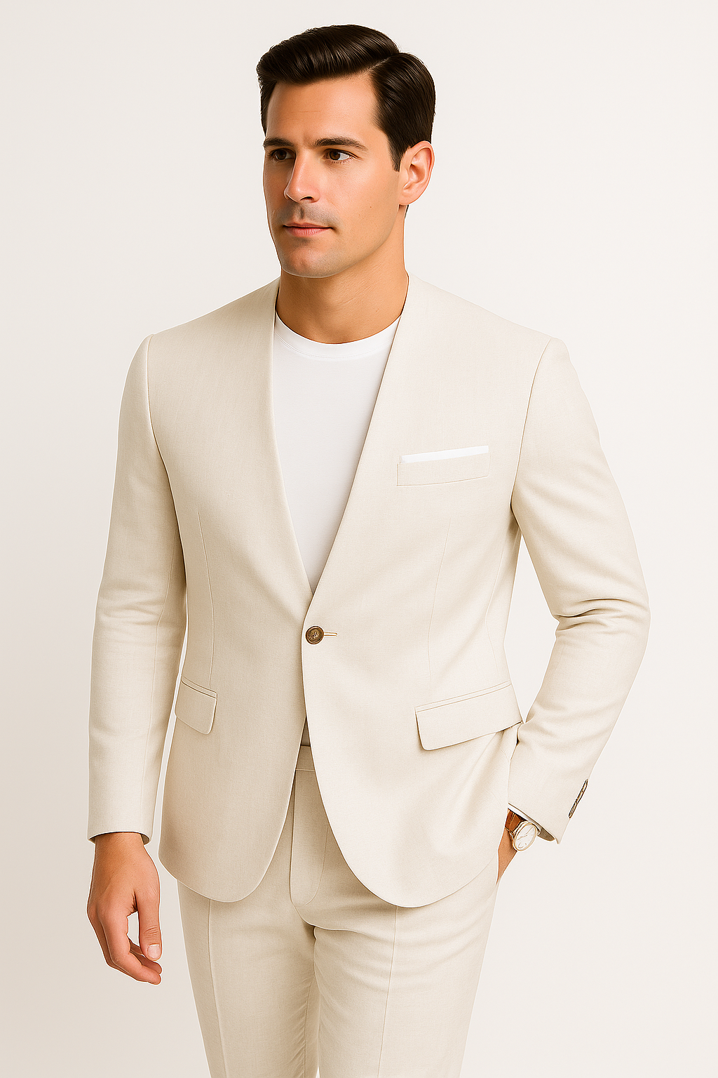 White Linen Suit For Summer - Collarless Blazer and Pants Collarless Lapel - No Lapel Casual! White Linen Suit For Summer - Collarless Blazer and Pants Collarless Lapel - No Lapel Casual!