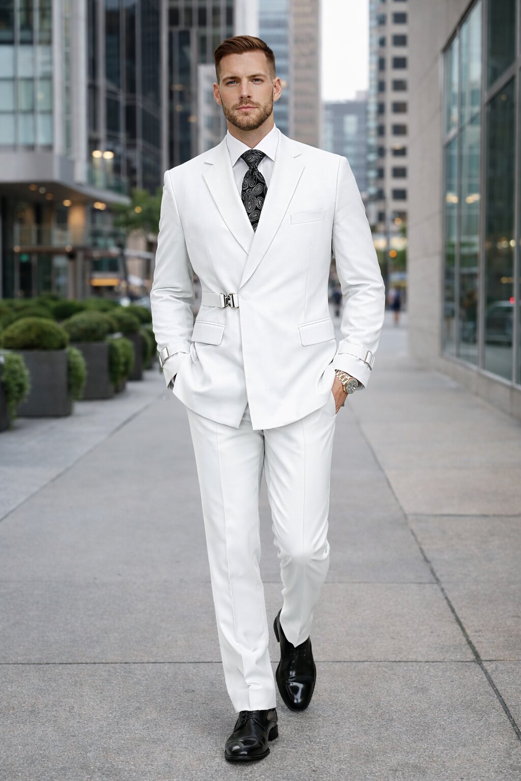 Mens White Double Breasted Wool Suit with Designer Tailored Formal Set Metal Buckle Closure