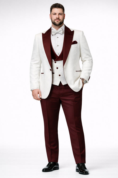 Men's Designer Vested Contrast Peak Lapel Wool Wedding & Prom Tuxedo in White Paisley & Burgundy