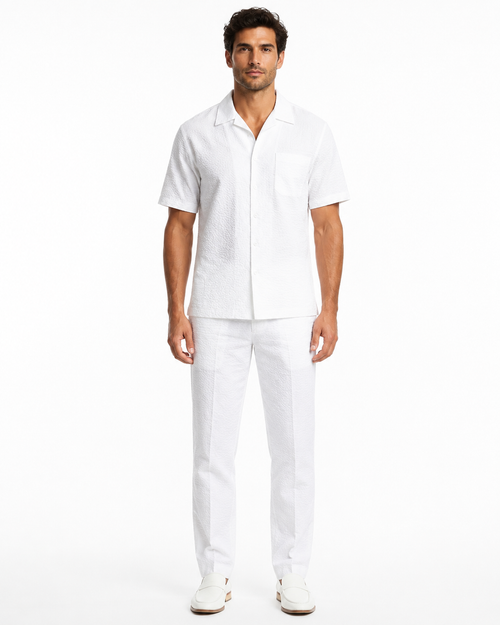 Mens White Seersucker Walking Suit Set – Casual Summer Short Sleeve Outfit with Matching Pants Lightweight Two Piece Set