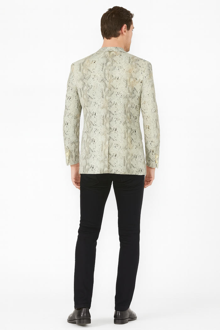 Mens White Snake Print Blazer, Exotic Slim Fit Party and Fashion Jacket - Alligator crocodile print