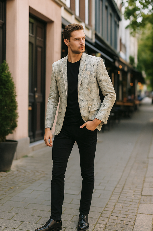 Men’s White Snake Print Blazer – Exotic Slim Fit Party and Fashion Jacket - Alligator crocodile print