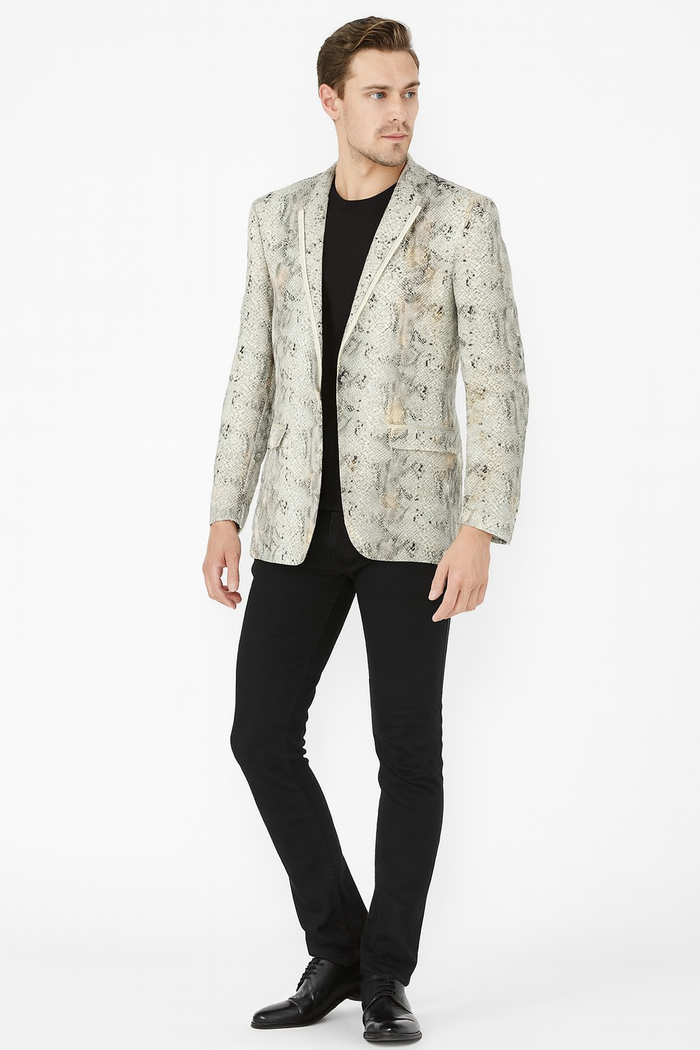 Mens White Snake Print Blazer, Exotic Slim Fit Party and Fashion Jacket - Alligator crocodile print