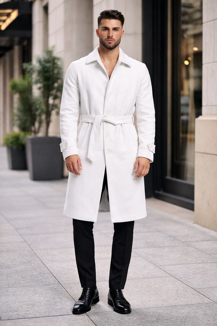 Men's White Wool Belted Long Coat Classic Overcoat for Formal Wear, Wedding Full length