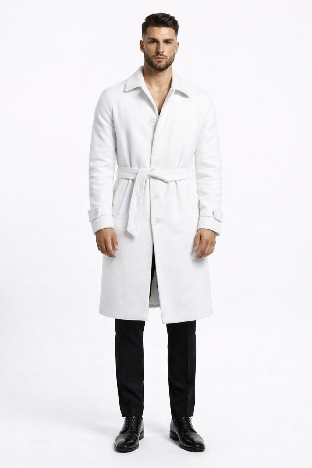 Men's White Wool Belted Long Coat Classic Overcoat for Formal Wear, Wedding Full length