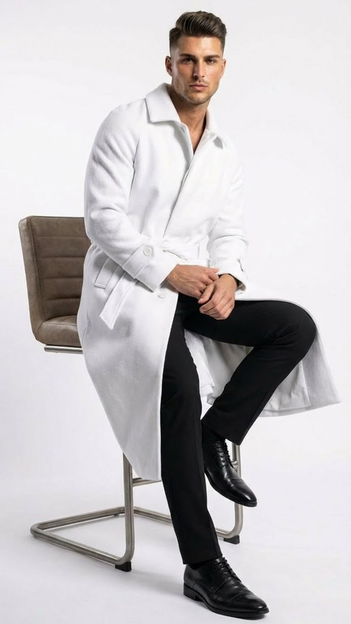 Men's White Wool Belted Long Coat Classic Overcoat for Formal Wear, Wedding Full length