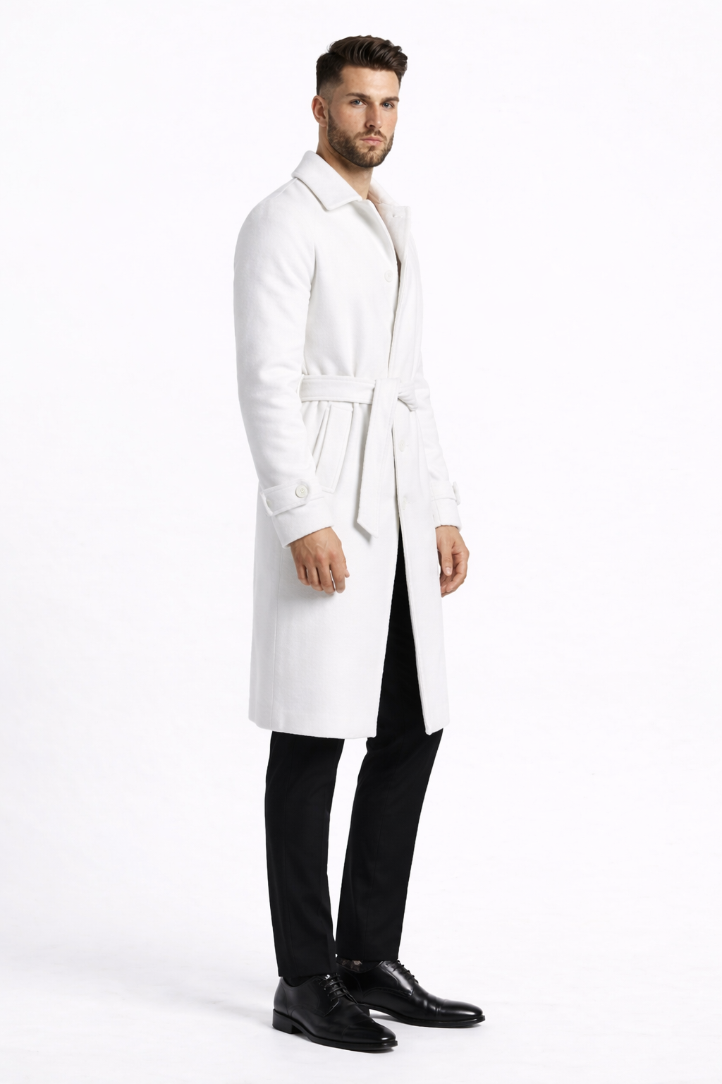 Men's White Wool Belted Long Coat Classic Overcoat for Formal Wear, Wedding Full length