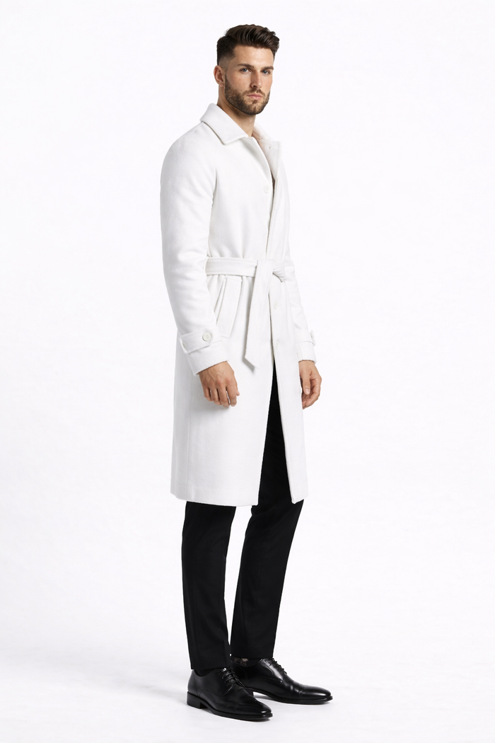 Men's White Wool Belted Long Coat Classic Overcoat for Formal Wear, Wedding Full length