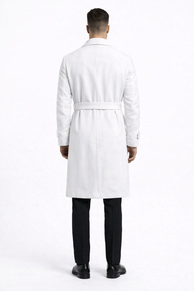 Men's White Wool Belted Long Coat Classic Overcoat for Formal Wear, Wedding Full length