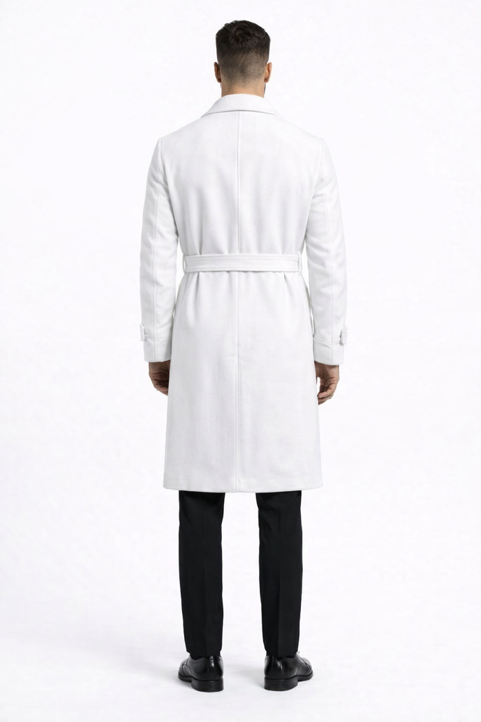Men's White Wool Belted Long Coat Classic Overcoat for Formal Wear, Wedding Full length