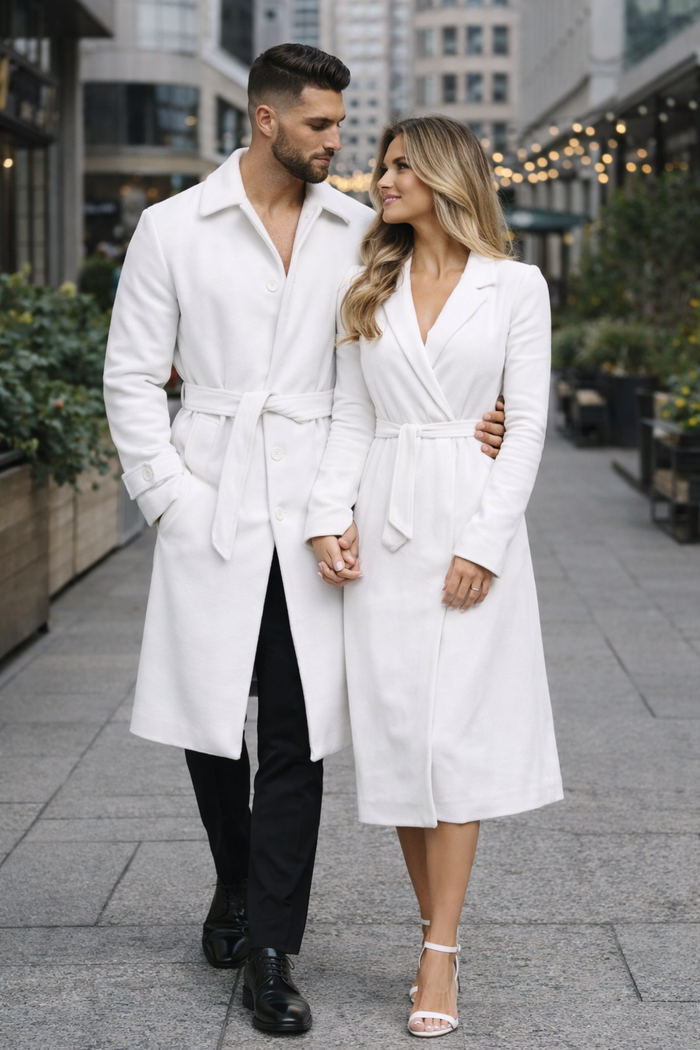 Men's White Wool Belted Long Coat Classic Overcoat for Formal Wear, Wedding Full length