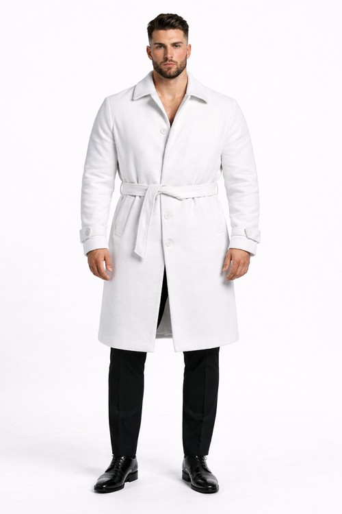 Men's White Wool Belted Long Coat Classic Overcoat for Formal Wear, Wedding Full length