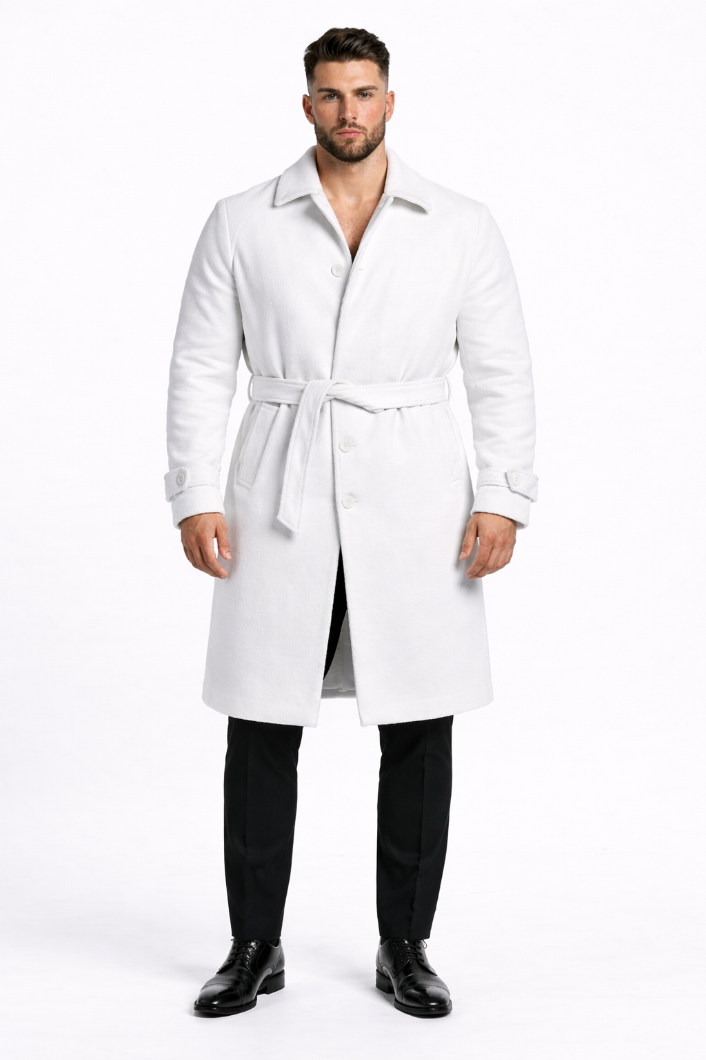 Men's White Wool Belted Long Coat Classic Overcoat for Formal Wear, Wedding Full length