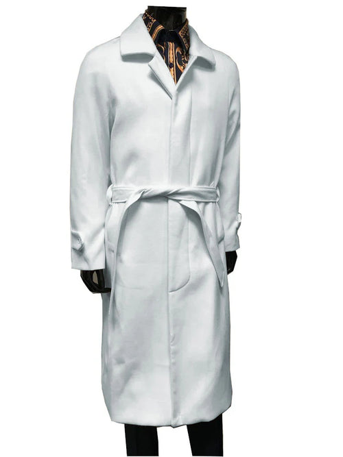 Men's White Wool Belted Long Coat Classic Overcoat for Formal Wear, Wedding Full length