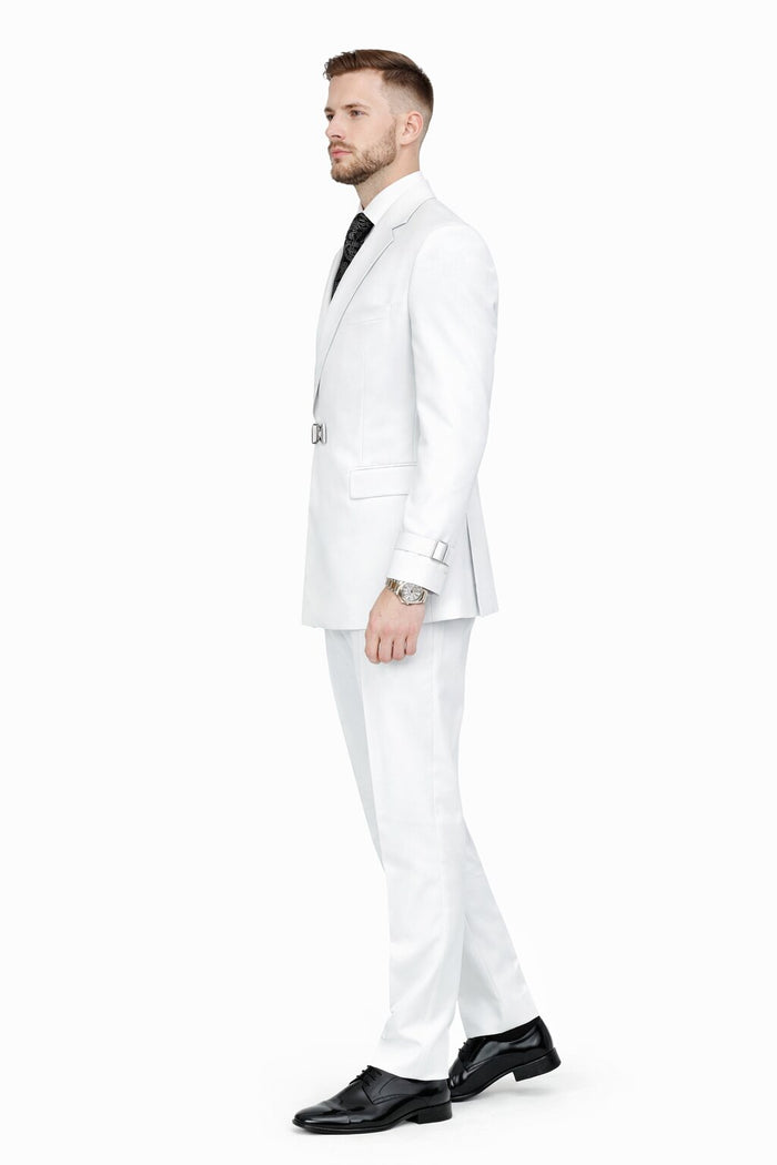 Mens White Double Breasted Wool Suit with Designer Tailored Formal Set Metal Buckle Closure