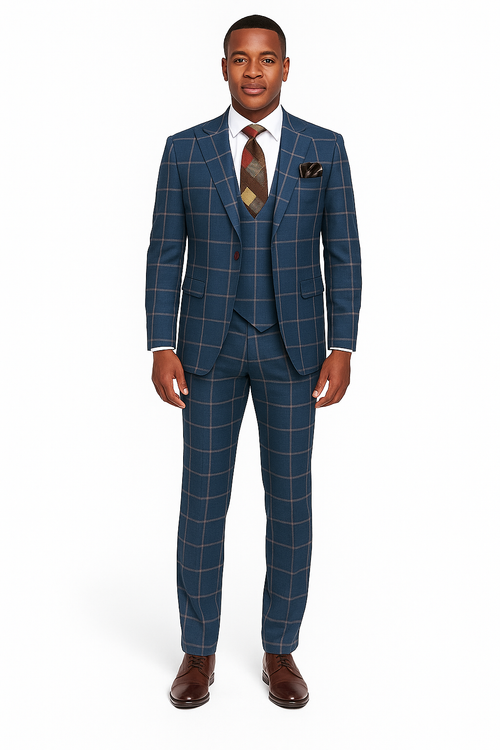 Rossiman Mens Navy & Gray Plaid Suit - Classic Windowpane Double-Breasted Design