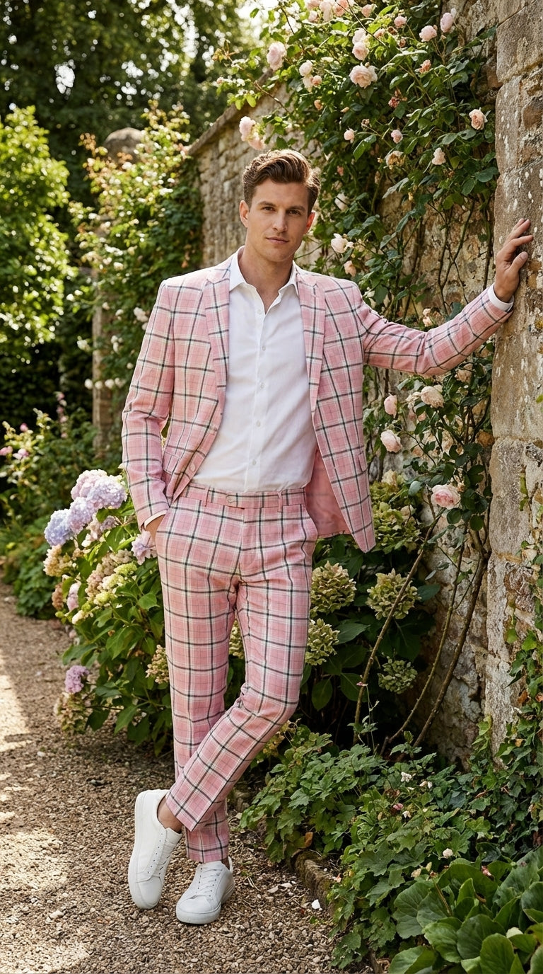 Mens Pink and Black Plaid Designer Suit Set – Stylish Suit with Check Pattern Jacket and Windownpane Summer Color - 34 Short or Extra Small