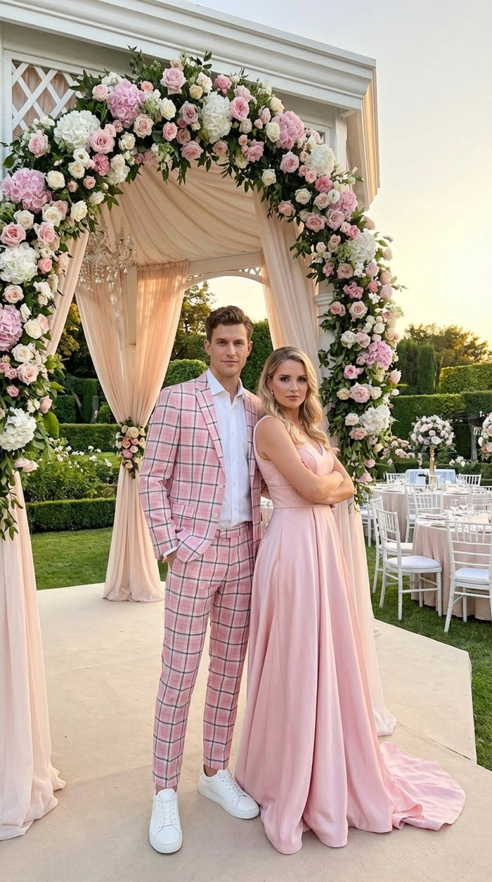 Mens Pink and Black Plaid Designer Suit Set – Stylish Suit with Check Pattern Jacket and Windownpane Summer Color