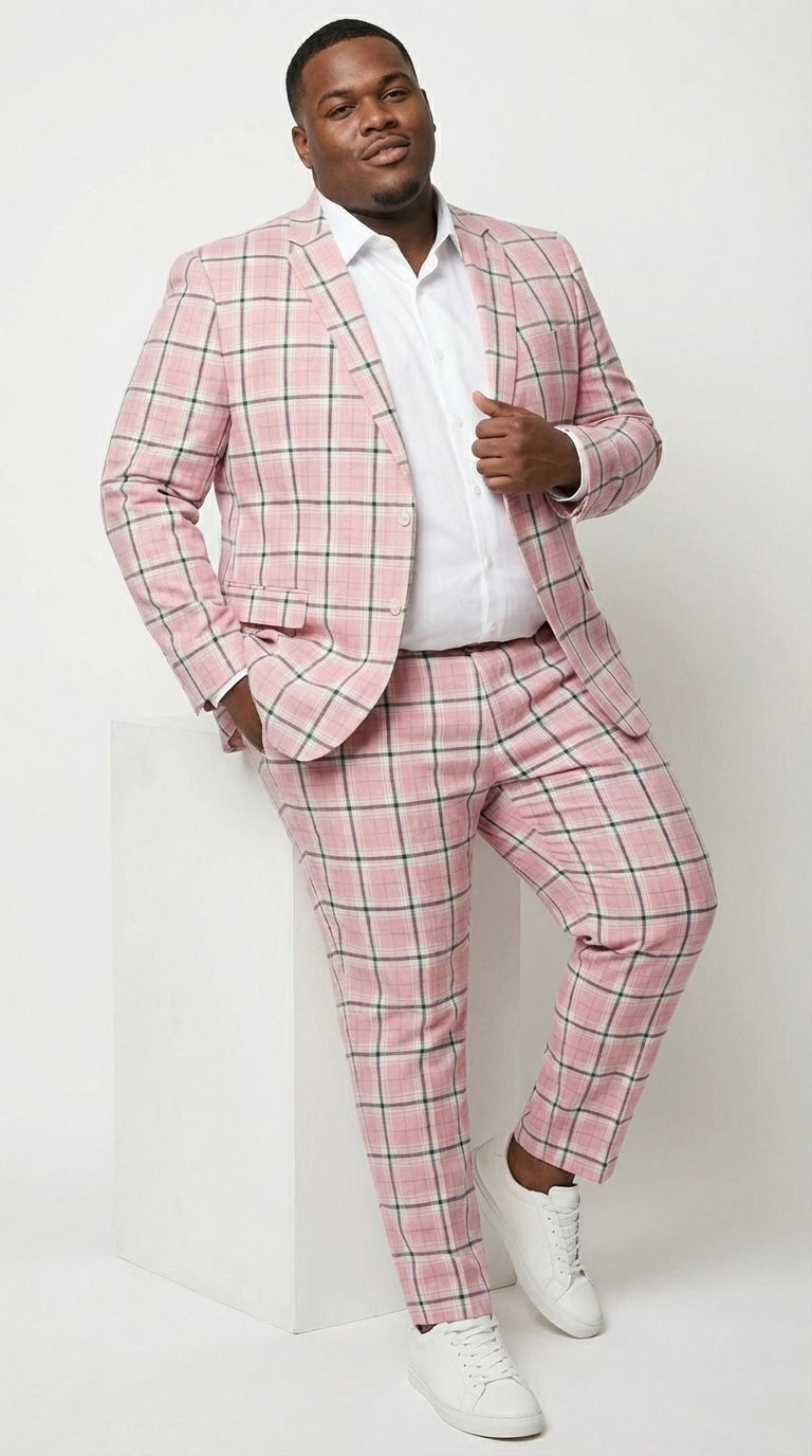 Mens Pink and Black Plaid Designer Suit Set – Stylish Suit with Check Pattern Jacket and Windownpane Summer Color - 34 Short or Extra Small