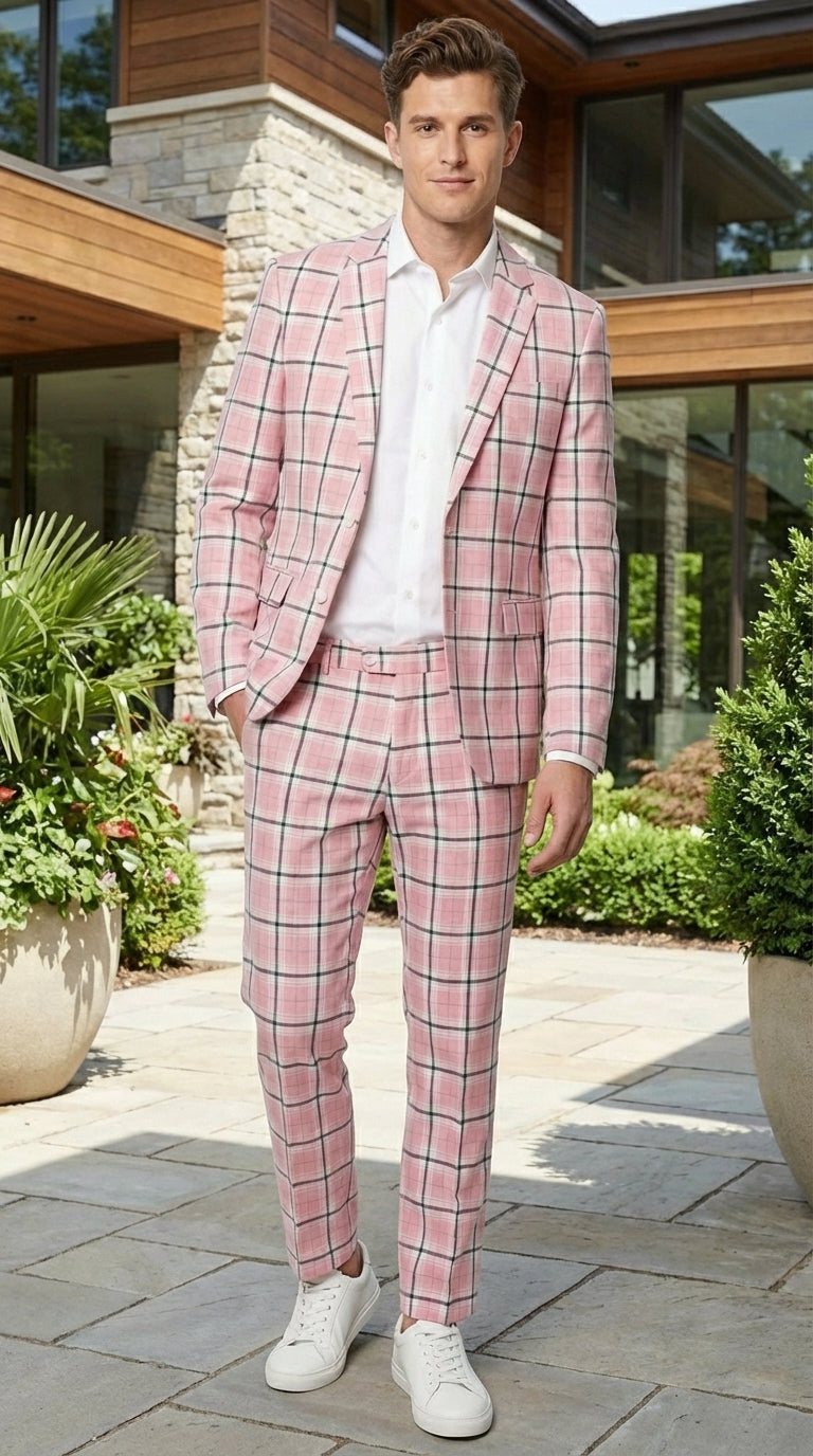 Mens Pink and Black Plaid Designer Suit Set – Stylish Suit with Check Pattern Jacket and Windownpane Summer Color - 34 Short or Extra Small