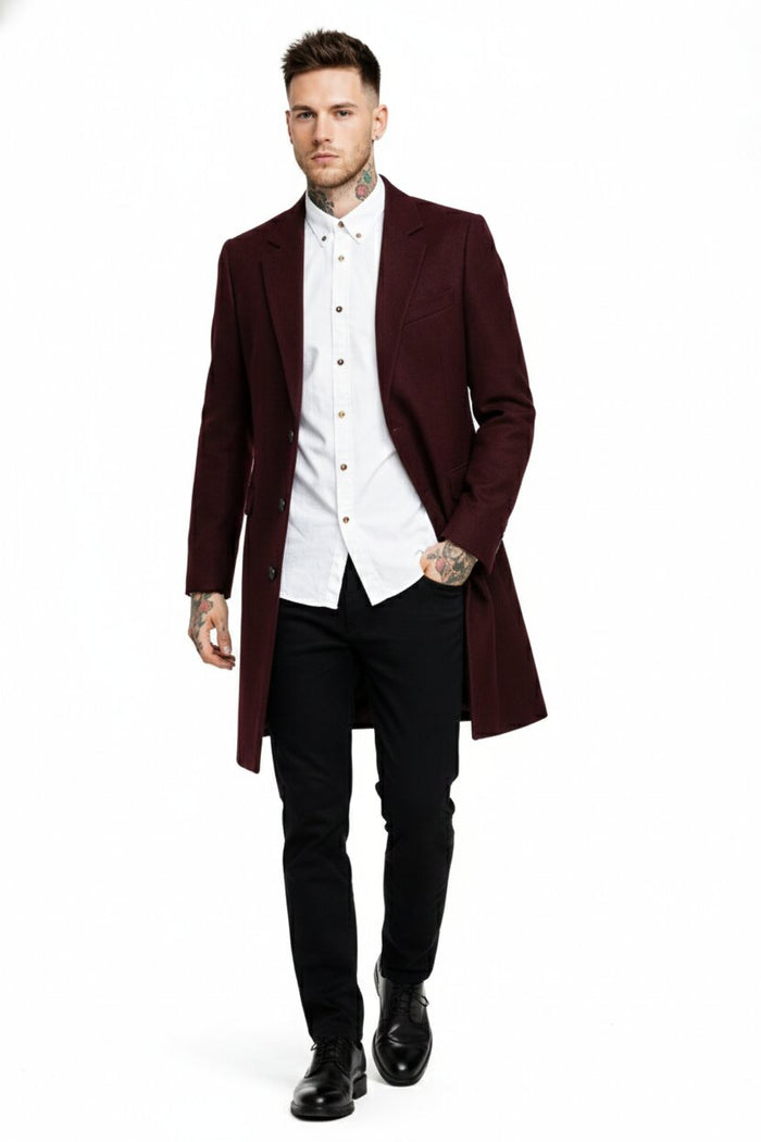 Mens Notch Lapel Wool Burgundy Wine Car Coat
