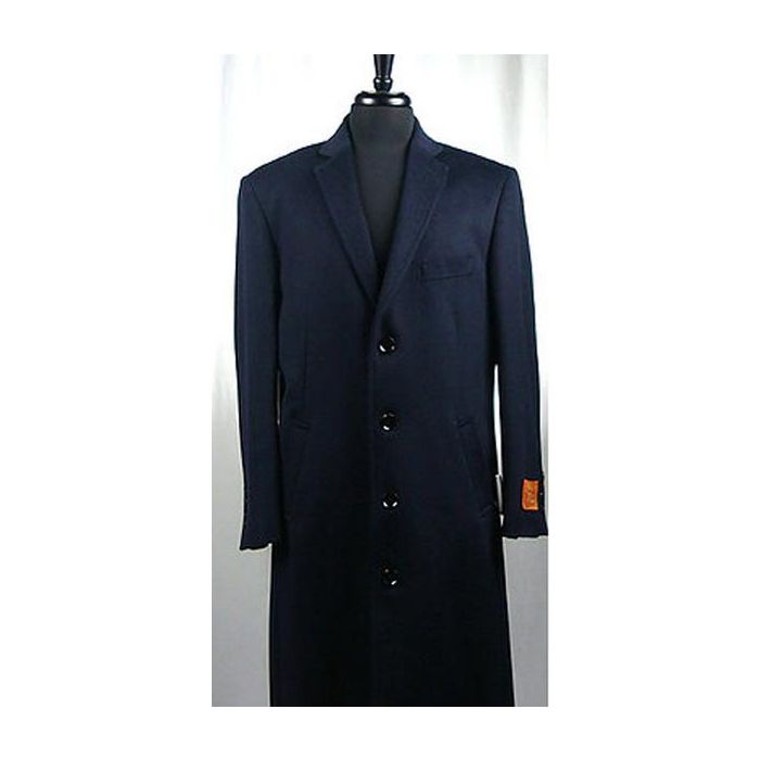 Mens Wool Blend 4 Button Navy Blue Overcoat - Wool and Cashmere Topcoat