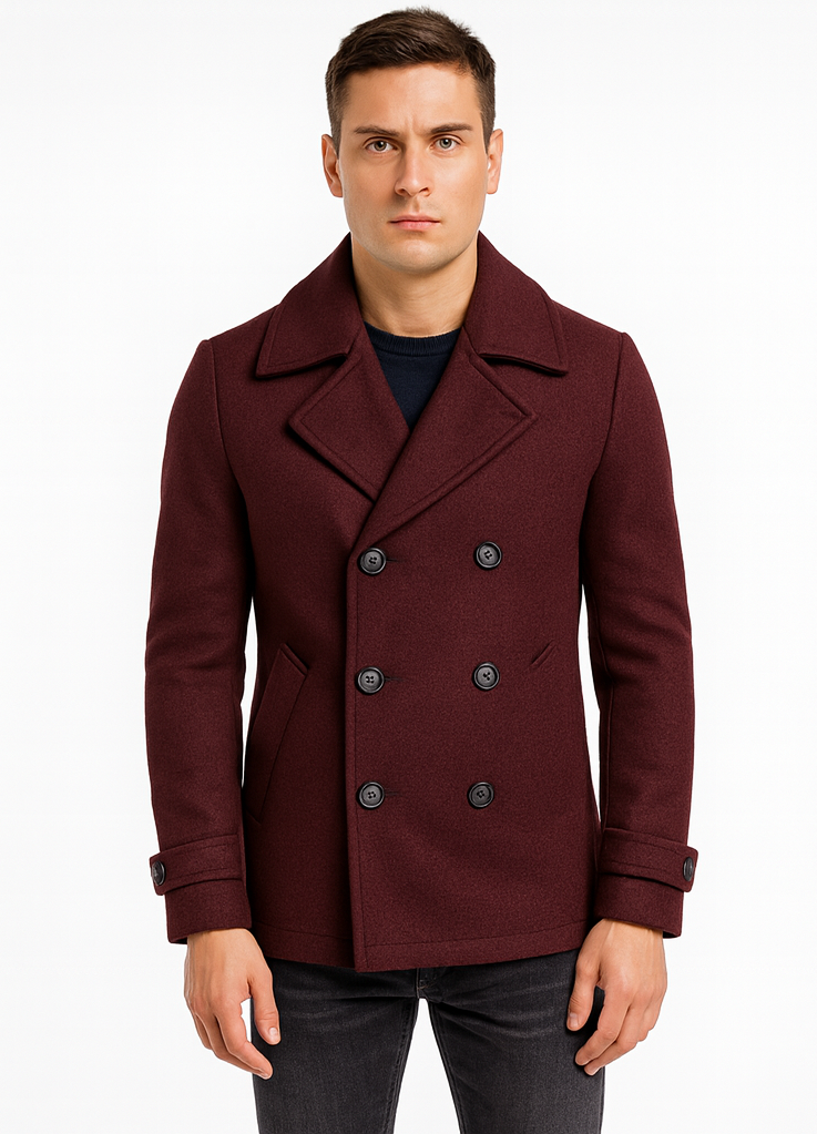 Men's Wool Burgundy ~ Wine Wool Double Breasted Coat ~ Designer men's Wool Peacoat Sale - Coat Size 38